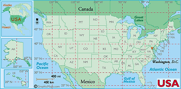 Map of the United States overlaid with the Latitude and Longitude Grid