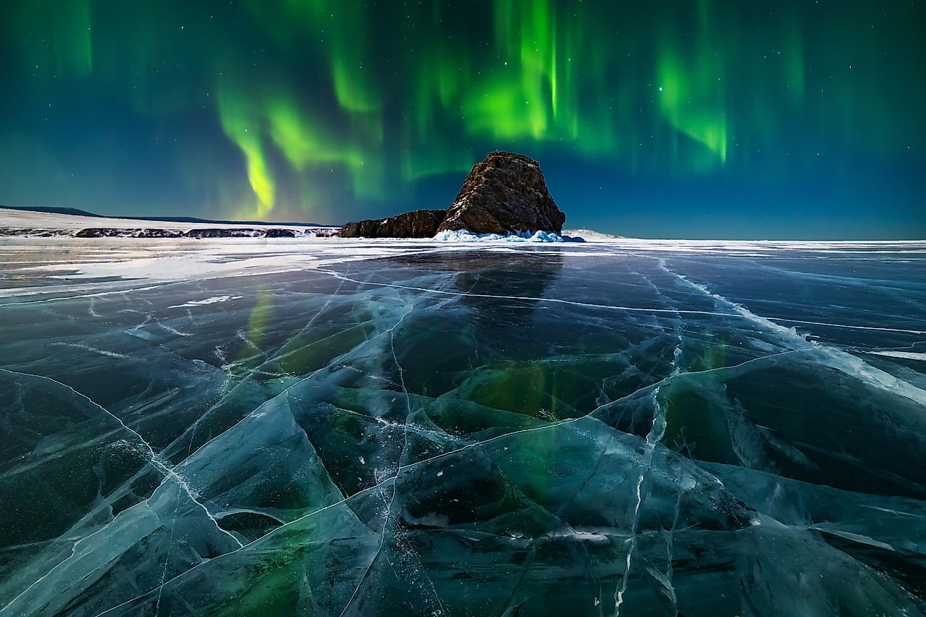 Aurora borealis above a frozen Lake Baikal in Russia.