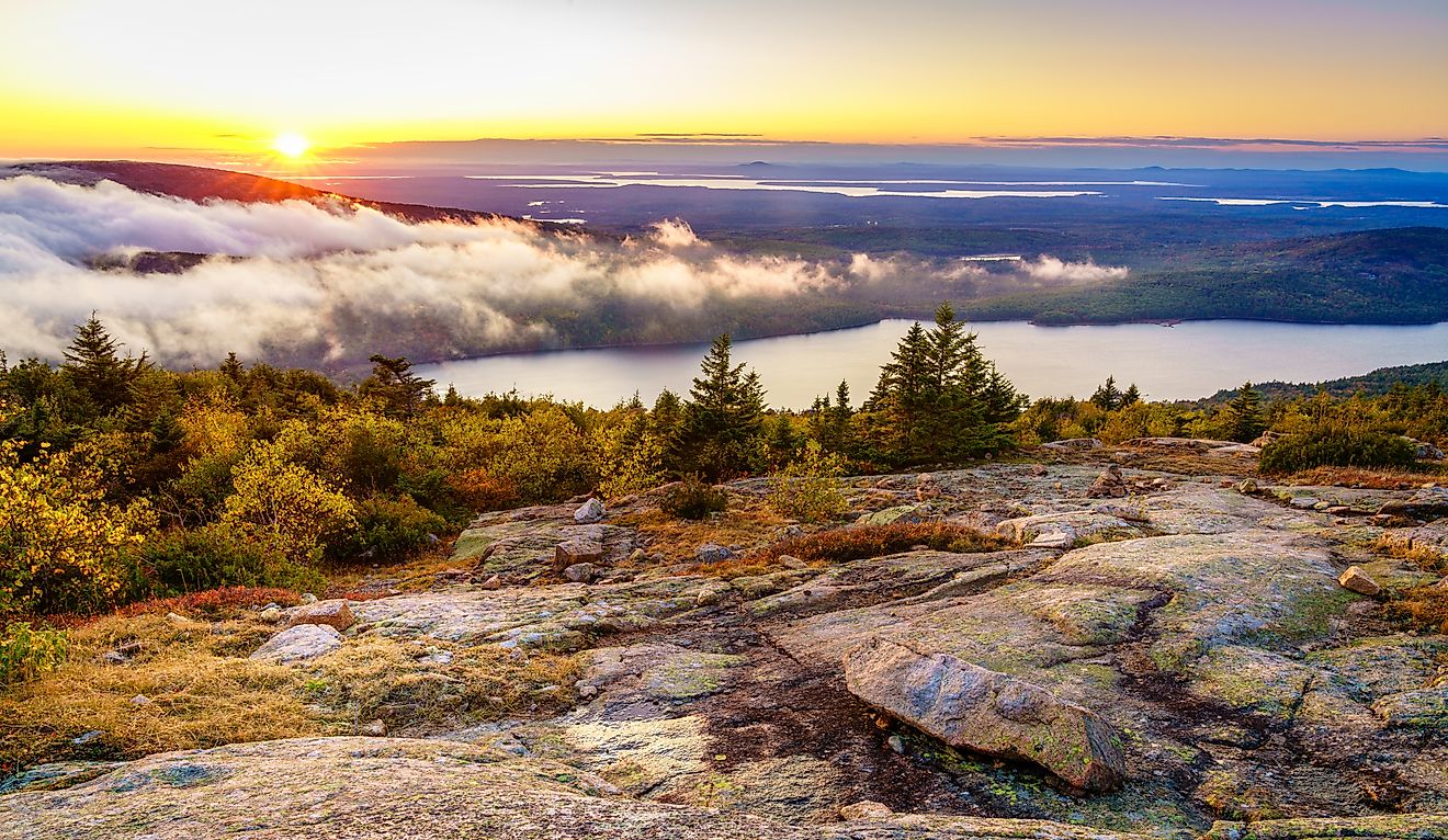 View of Acadia National Park from the top of Cadillac Mountain, Maine.