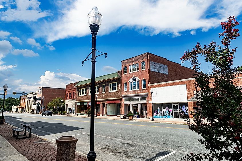 Rustic buildings along the main street in Pocomoke City, Maryland.