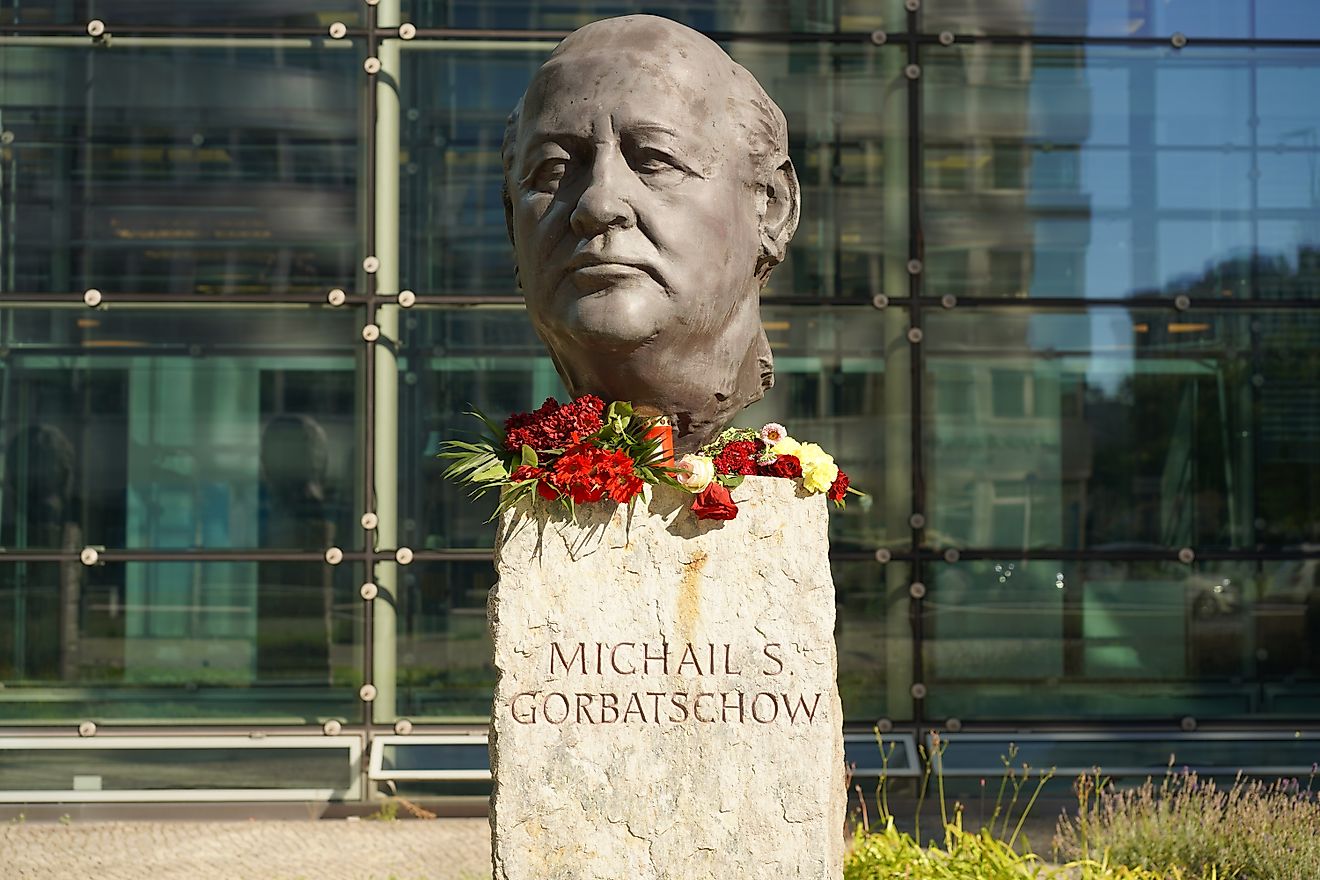 Bust of Mikhail Gorbachev decorated with flowers at Axel Springer building in Berlin.