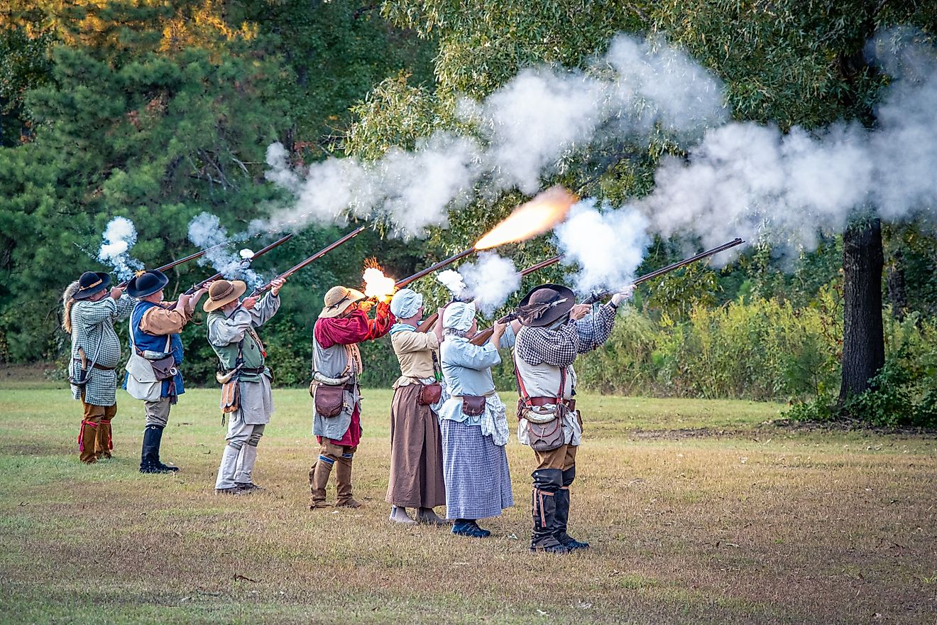 People firing a volley at the Cowpens National Battlefield in South Carolina. Editorial credit: Carrie A Hanrahan / Shutterstock.com