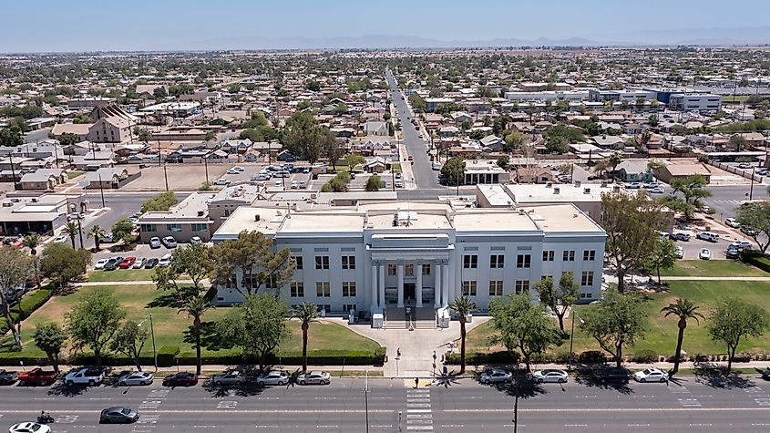Daytime view of the historic 1924 Imperial County Courthouse, built in the Beaux-Arts style in El Centro, California, USA.