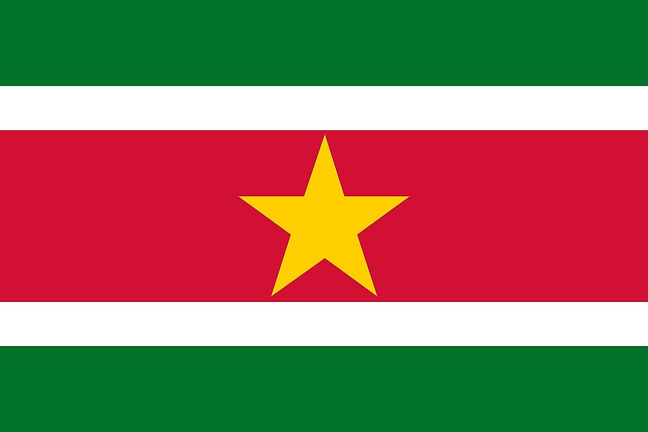 The National Flag of Suriname features five unequal horizontal bands of green (top, double-width), white, red (quadruple width), white, and green (double width). A large, yellow, five-pointed star is centered in the red band.