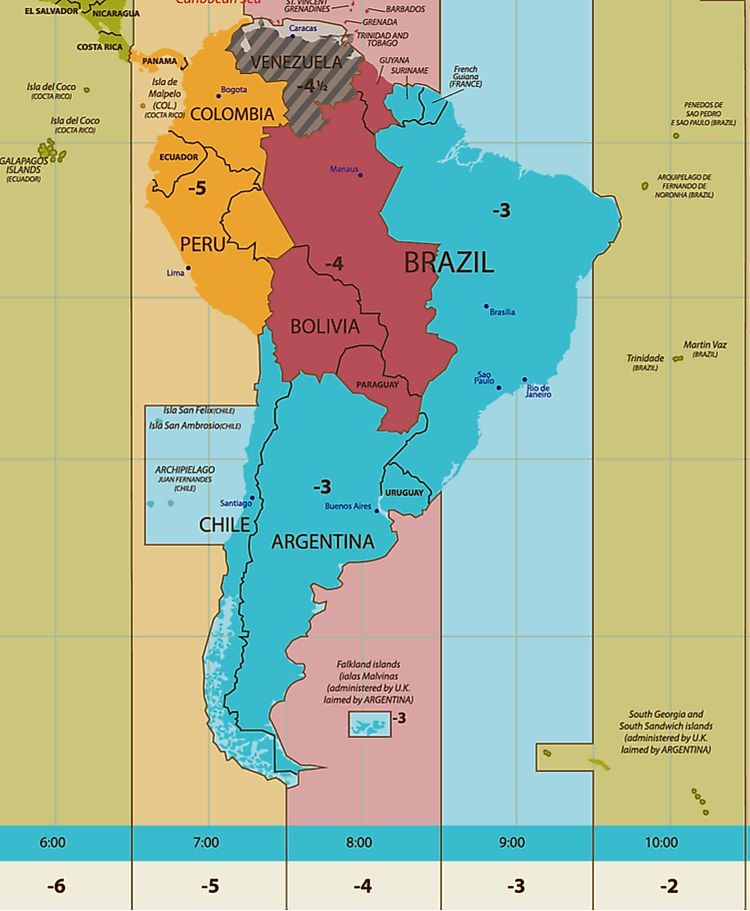 South America  Time Zones map