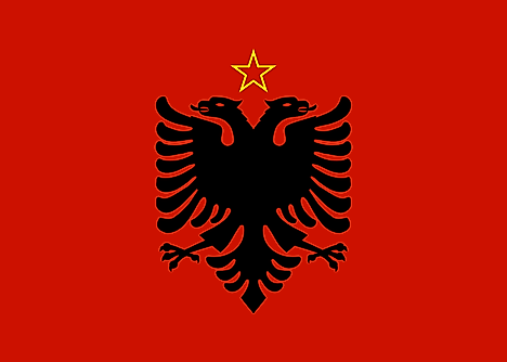 Flag of the People's Republic of Albania. It featured a red star with a yellow outline between the two eagle heads.