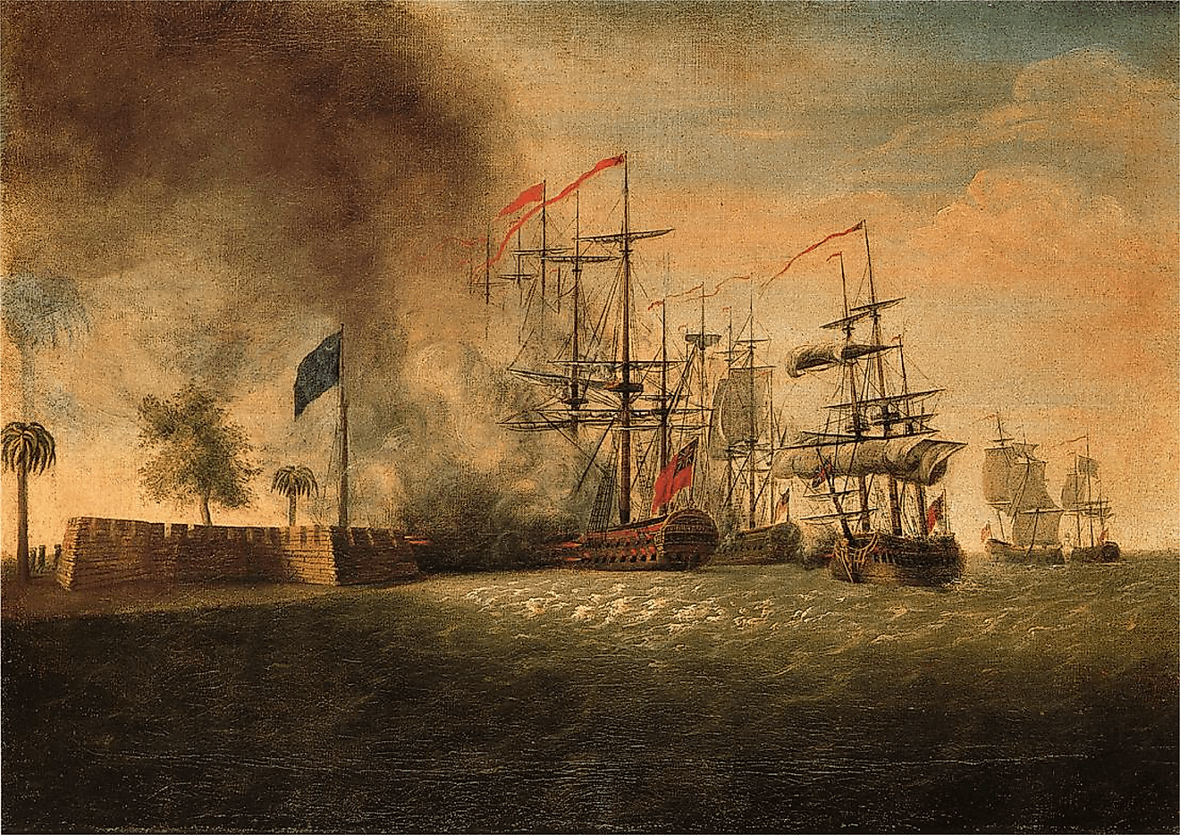 "Sir Peter Parker's Attack Against Fort Moultrie," oil on canvas. Courtesy of Colonial Williamsburg Foundation, Williamsburg, Virginia.