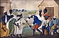 	"The Old Plantation," South Carolina, about 1790. This famous painting shows Gullah slaves dancing and playing musical instruments derived from Africa. 