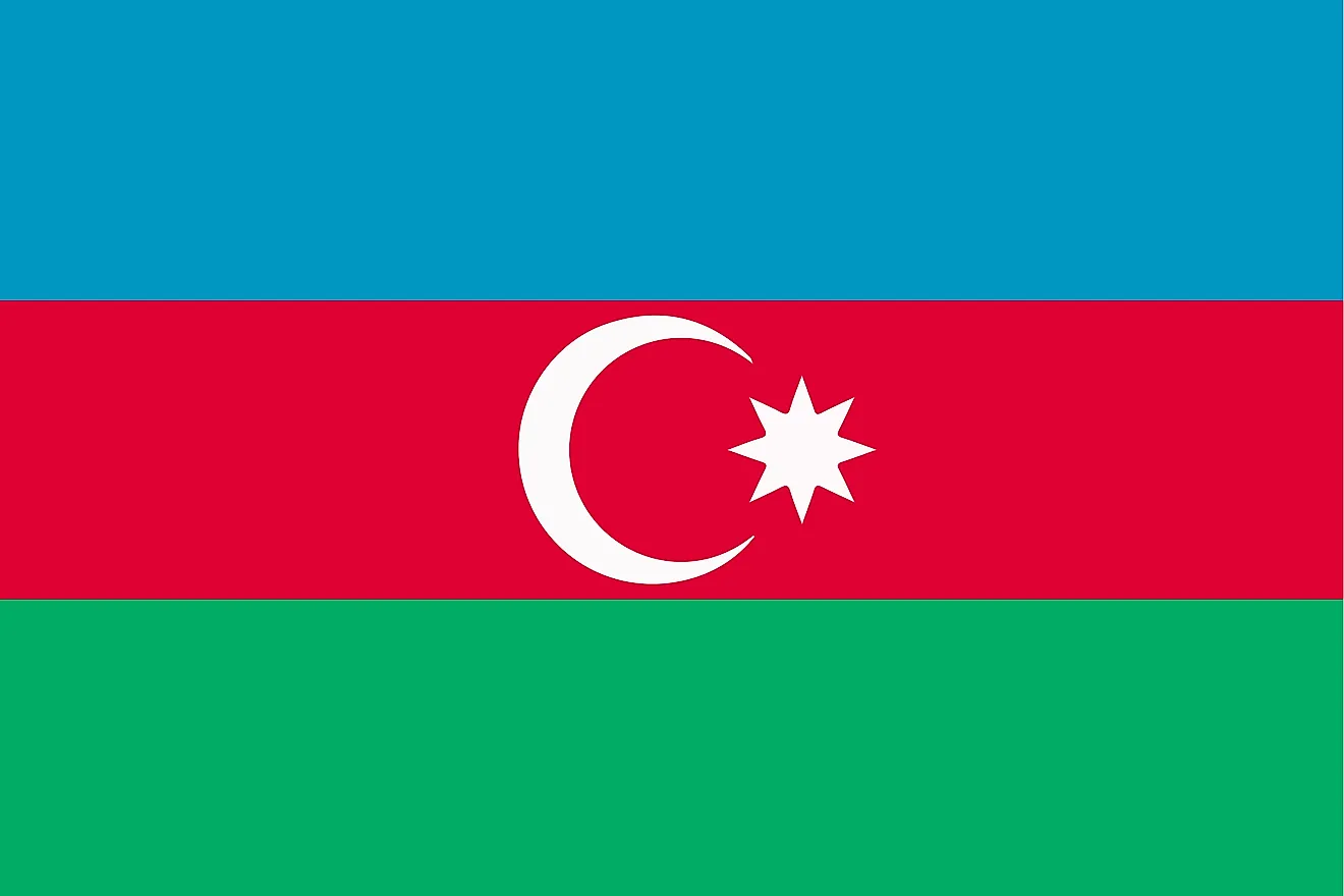 The Tricolor Flag of Azerbaijan features three equal horizontal bands with a crescent and a star at the center of the middle band.