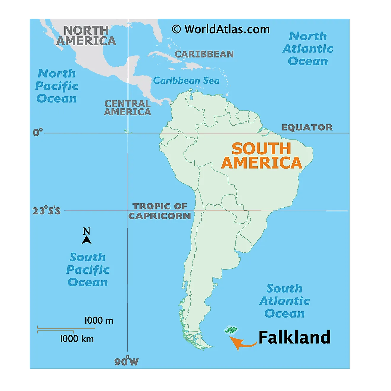 Map showing location of Falkland Islands in the world.