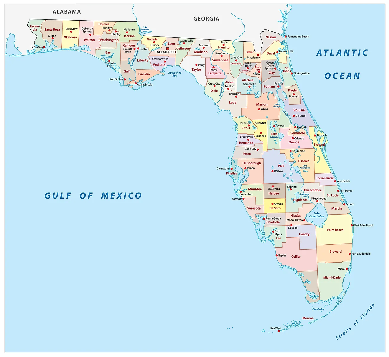 Political Map of Florida showing its 67 counties and its capital city - Tallahassee