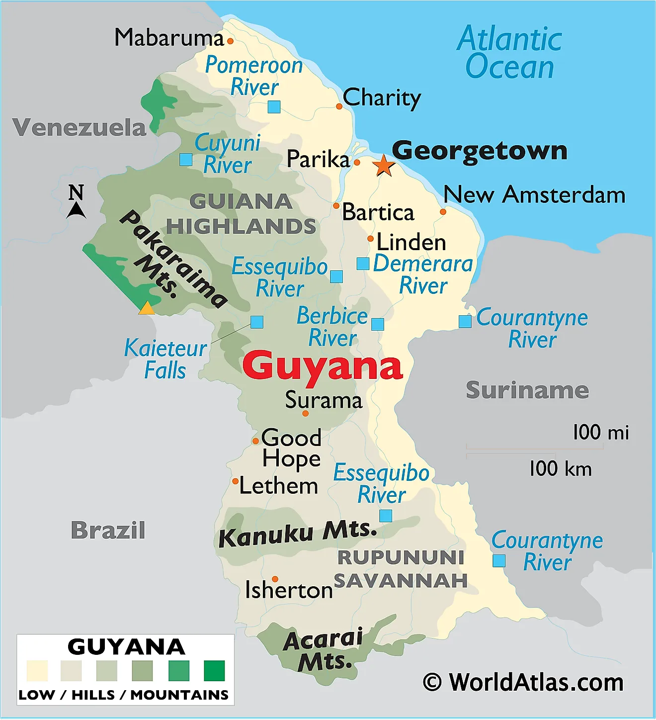 Physical map of Guyana showing terrain, major mountain ranges, rivers, important cities, neighboring countries, and more.