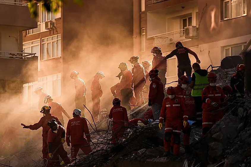 Rescue workers in Izmir after an earthquake
