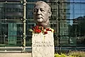 Bust of Mikhail Gorbachev decorated with flowers at Axel Springer building in Berlin.