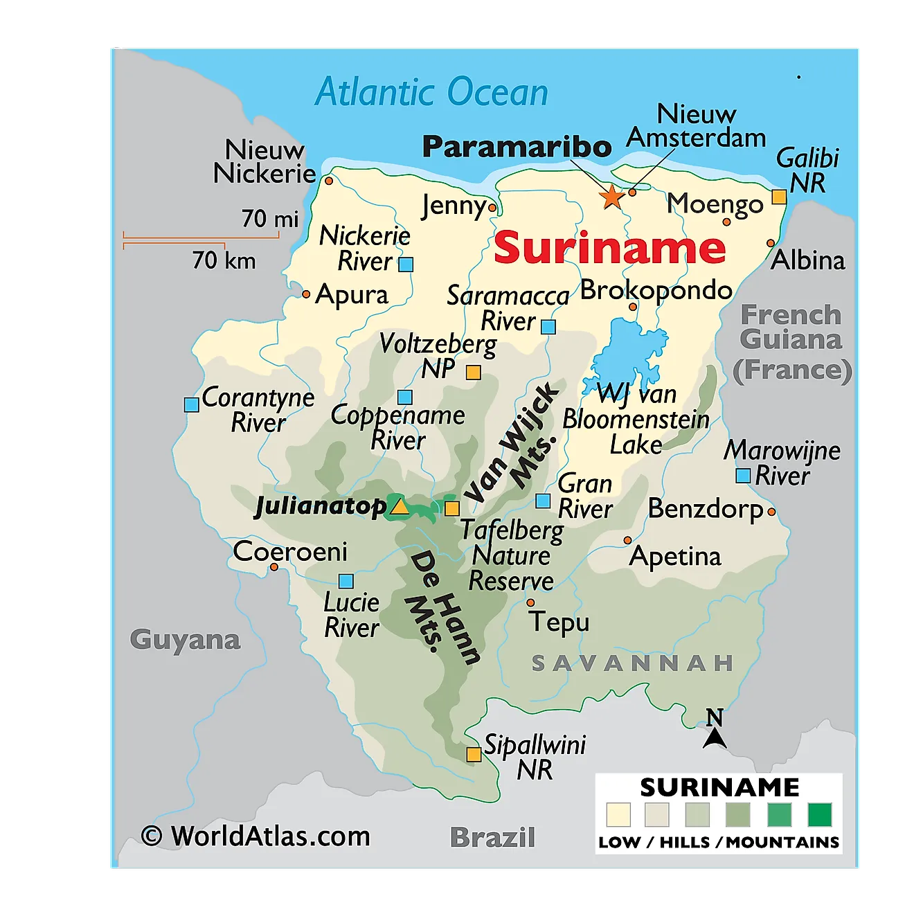 Physical Map of Suriname showing relief, mountain ranges, the WJ van Bloomenstein Lake, important rivers, protected areas, and more.