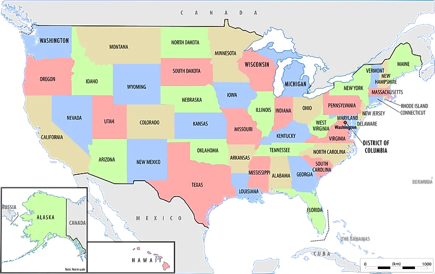 Map of US States. Political map with US States labeled.